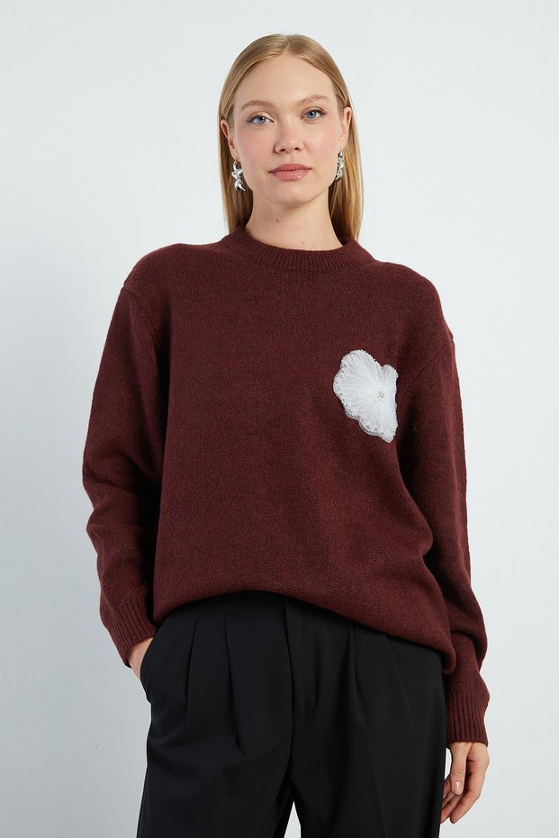 Beaded Floral Embroidered Knit Sweater