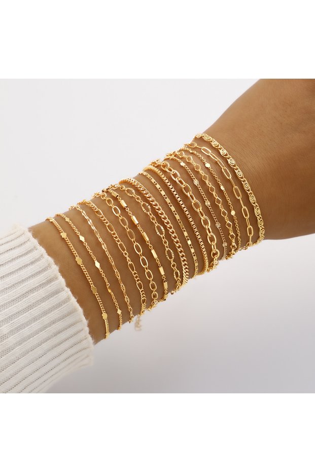 AYA6388501 16pcs Minimalist Heart Pearl Rhinestone Snake Chain Bracelet Set for Women Elegant Gold C