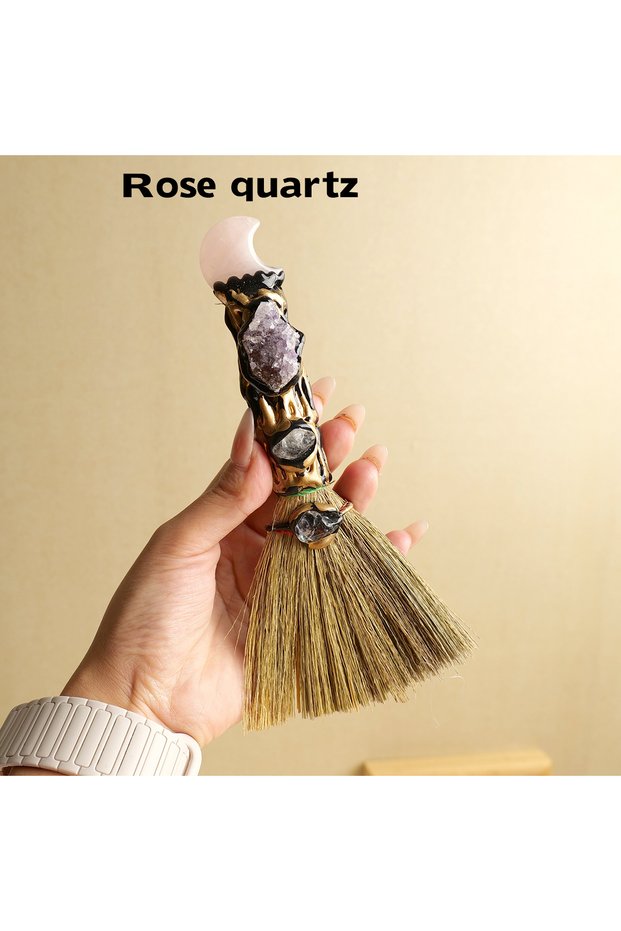 1PC rose quartz 1PC Natural Crystal Moon Besom Gem Magic Broom Crafts Reiki Healing Witch Besom Home