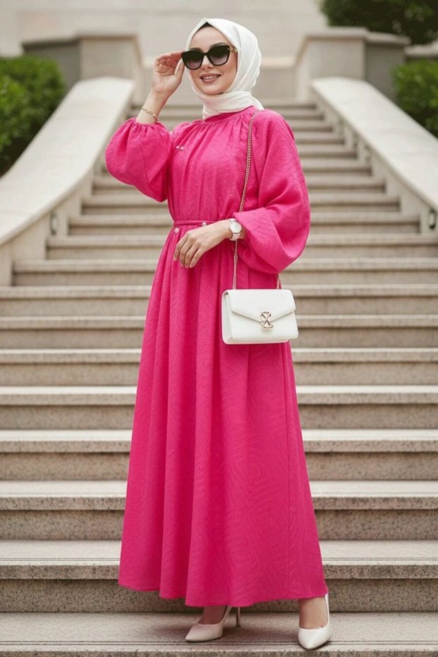 Patterned Fuchsia Hijab Dress 14291F