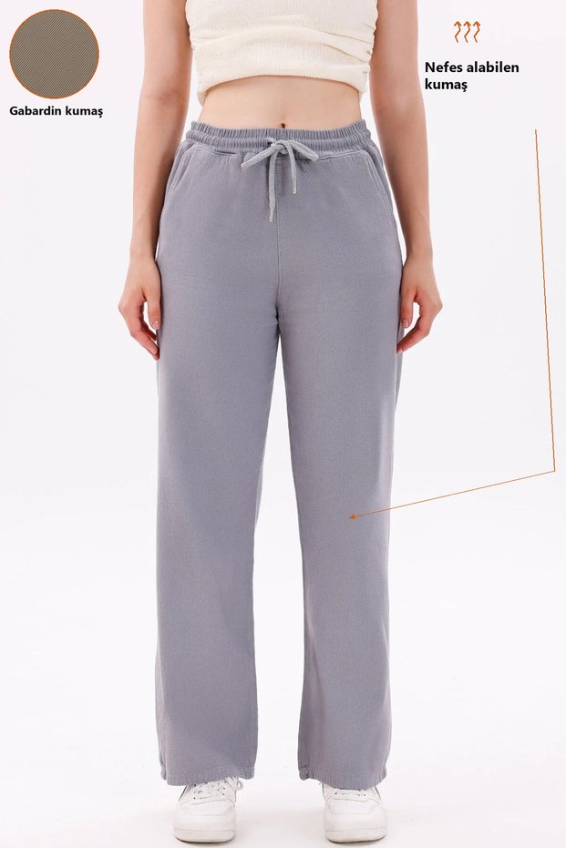 Women's High Waist Gray Gabardine-Linen Textured Trousers – Breathable Fabric, 4 Seasons