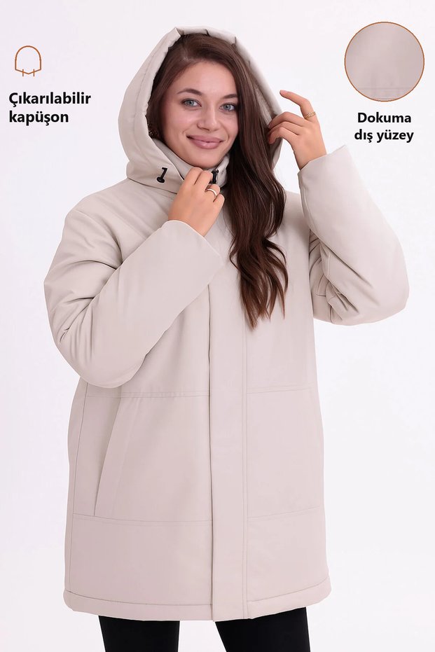 Women's Stone Fur Lined Removable Hood Water and Windproof Hooded Regular Winter Coat & Jacket & Parka
