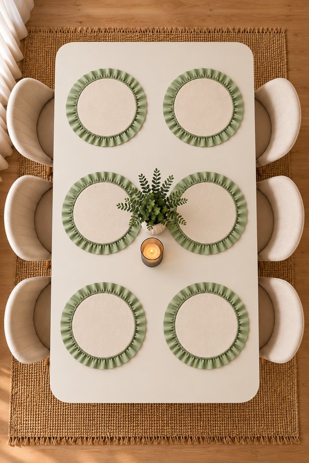 Set of 6 Round Ruffled Plates – 33cm Fabric Placemats Cream