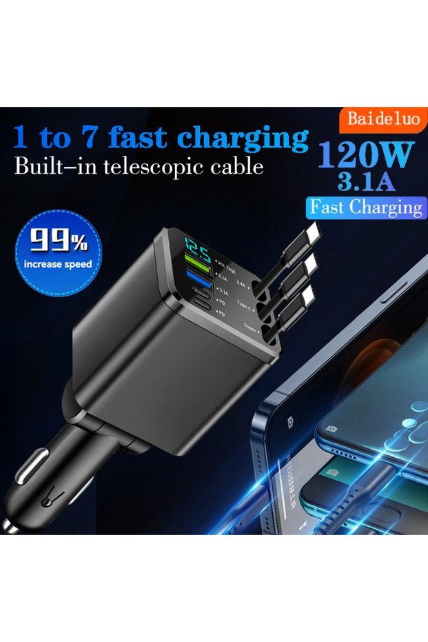 1 PCS 7-IN-1 Retractable Car Charger USB C Cable For IPhone Fast Charge Cigarette Lighte...