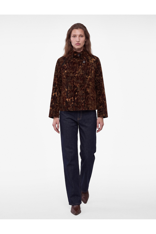 Velvet Camouflage Patterned Buttoned Pocketed Long Sleeve Stand Collar Jacket