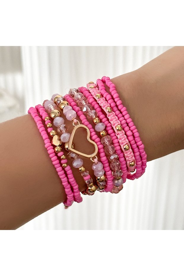 Pink 10Pcs/Set Bohemian Handmade Rice Beads Heart-Shaped Bracelets Set For Women Jewlery Accessories