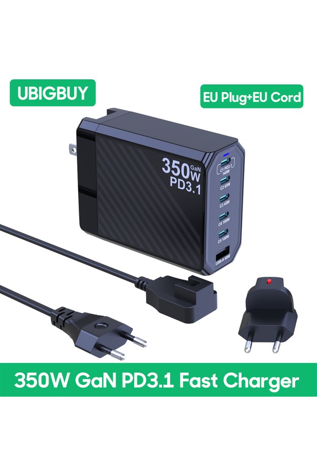 EU Plug and Cord Ubigbuy 350W GaN Charger Fast Charger 140W PD3.1 QC PPS USB Phone Charging Station