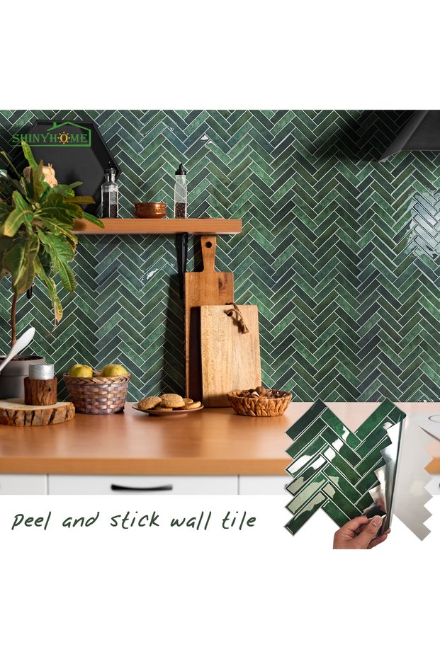 10 PCS green 1/5/10/30pcs Green Herringbone 3D Self-adhesive Wall Tile Heat Resistant Peelable Kitch