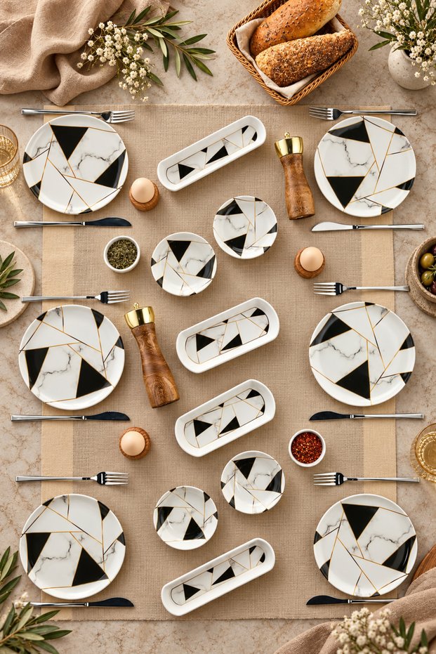 Mosaic Marble Patterned 14 Piece Luxury Breakfast Set for 6 People, Breakfast Set