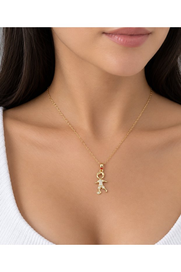 Golden Color Steel Necklace with Football Player Child Figure – Stylish and Meaningful Women's Necklace with Stones