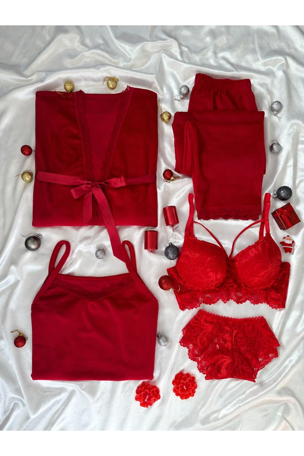 Women's Velvet Robe Pajama Set with Red Lingerie