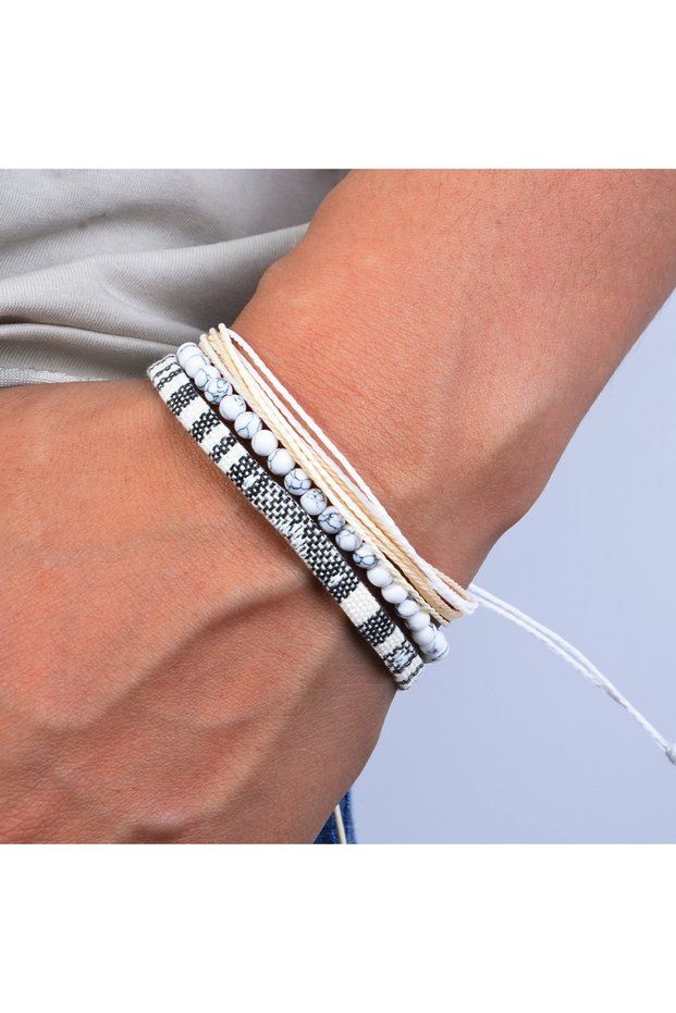 Style-B 3pcs/set Men's Braided Bracelet Set, Natural Stone Couple's Bracelet, Bohemian Ethnic Cotton