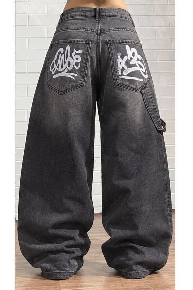 Baggy Black Washed Denim Pants with Pocket Embroidery and Side Strap Detail, Y2K Style.