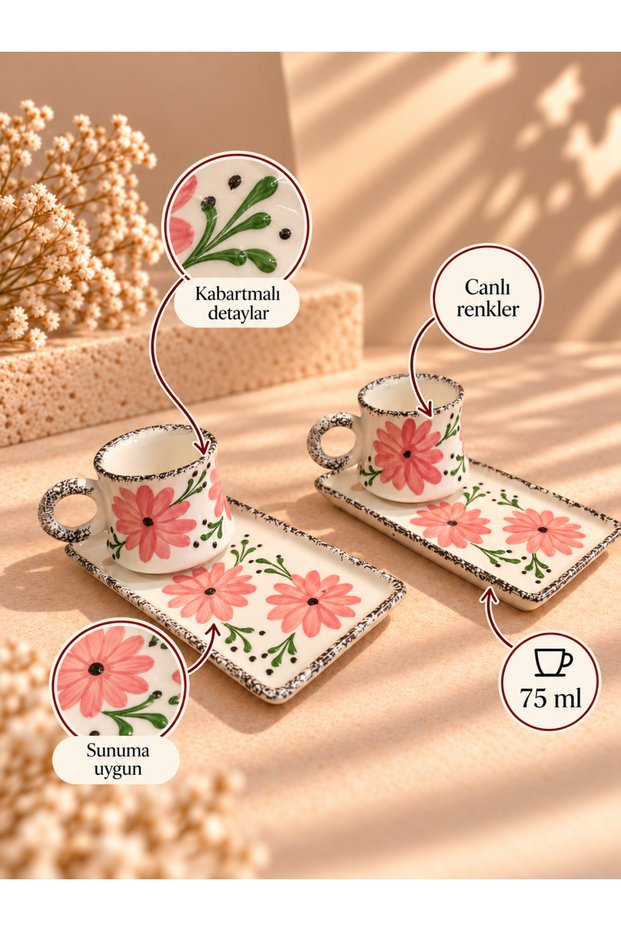 Pink Floral Pattern Handmade Ceramic, Presentation Set of 2 Coffee Cups