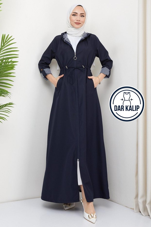 Hooded Striped Long Trench Coat Navy Blue HM2332