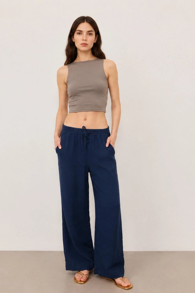 Women's Elastic Waist Wide Leg Muslin Trousers %100 Cotton Wide Wide-Leg Comfortable Office & Casual Style