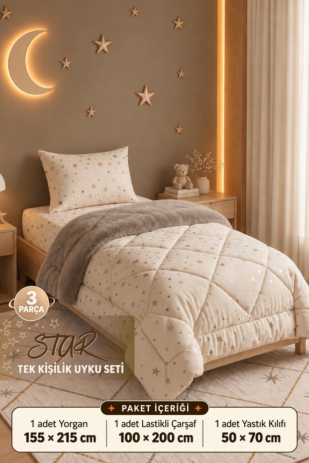 Star'Ss | Star Patterned Wellsoft Double-Sided Single Elastic Sheet + Pillowcase Sleeping Set | Bedspread | Quilt | Elastic Fitted Sheet | Pillowcase | Star | Sleep - 3 Pieces