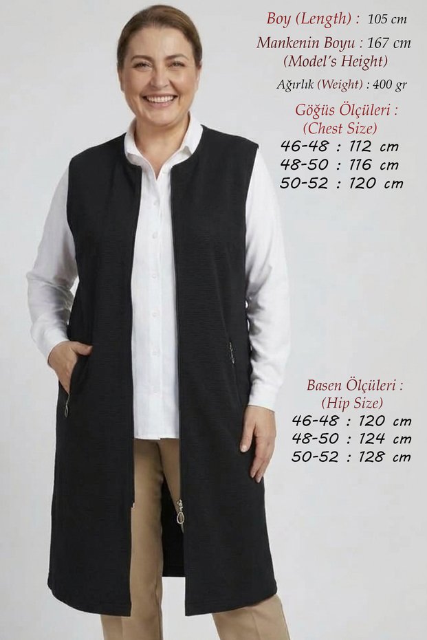 Large Size Seasonal Zippered Long Women's Vest (105 cm) Ottoman Fabric Anti-Pilling Hijab Battal Anne
