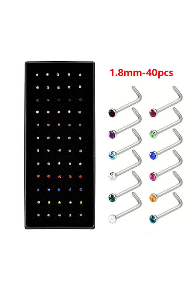 Multi L rod- 40pcs 40pcs 1.8mm Nose Studs - Stainless Steel Straight/L-Shape Piercing with Zirconia,
