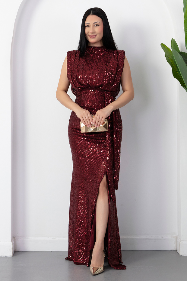 Stand Collar Slit Belted Sequin Dress 39941