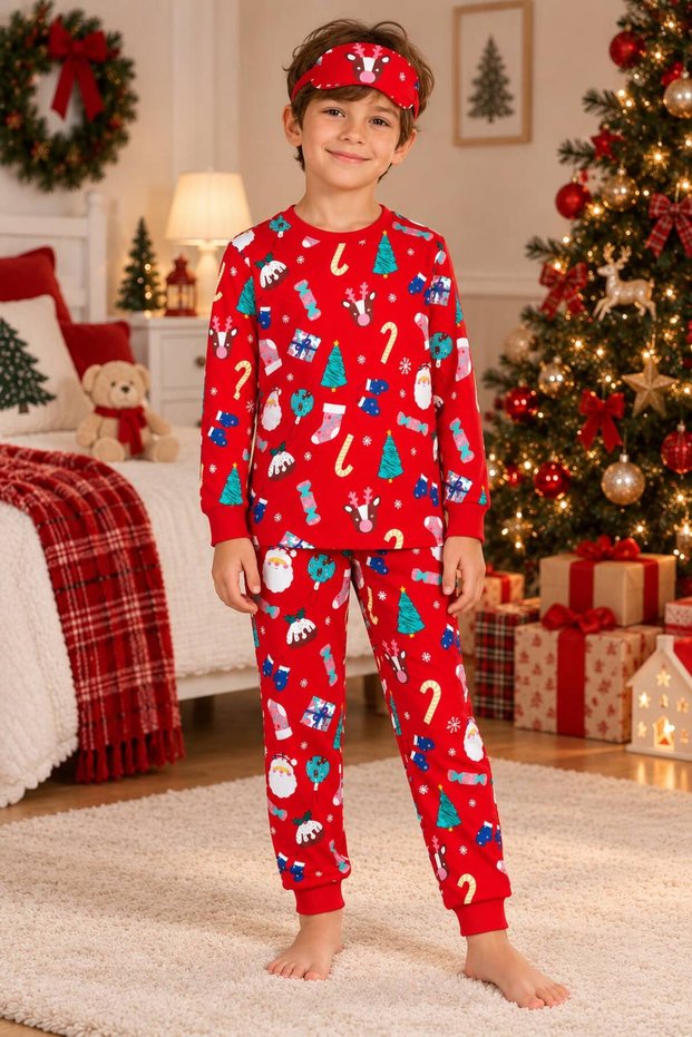Boy's 100% Cotton New Year's Christmas Themed Pine Tree Candy Patterned Winter Pajama Set