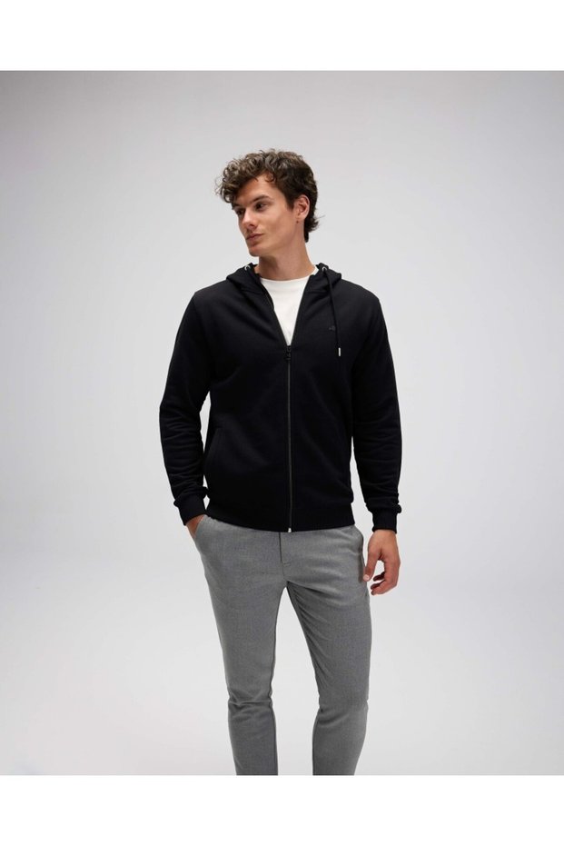 Em555 Men's Zippered Hooded Black Sweat