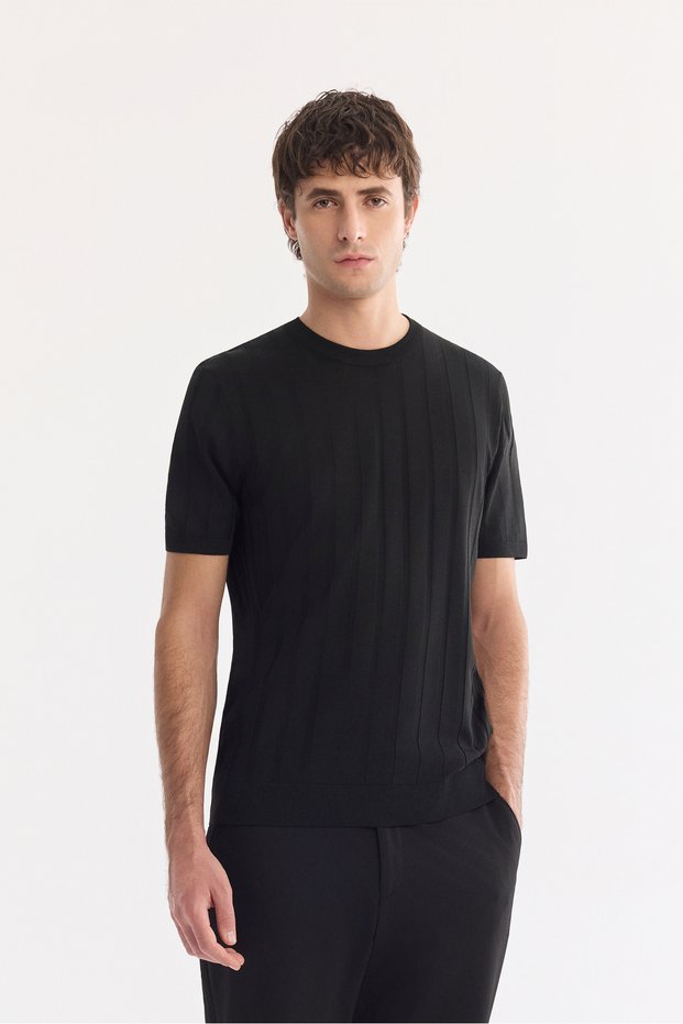 Men's Black Crew Neck Easy Ü Tulle Enen Anti-Wrinkle Regular Fit Knitwear T-Shirt A61Y5026