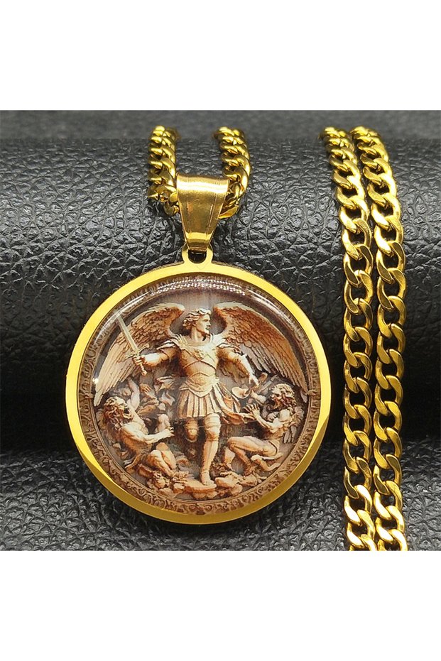 GD SAINT MICHAEL PROTECT US Archangel Stainless Steel Glass Medal Necklaces Chain Men Women Gold Col