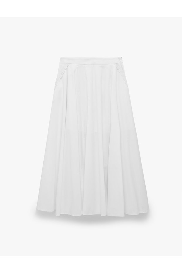 Cotton Poplin Flared Midi Skirt with Lace Pocket Detail