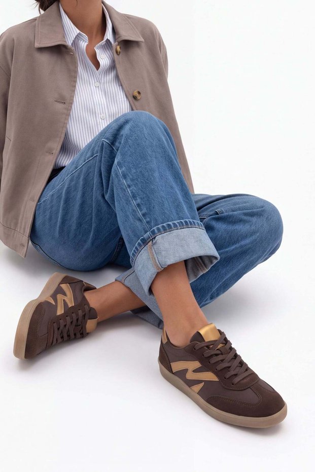 Women's Sneaker Lace-Up Suede Sports Shoes Starse Gold Brown