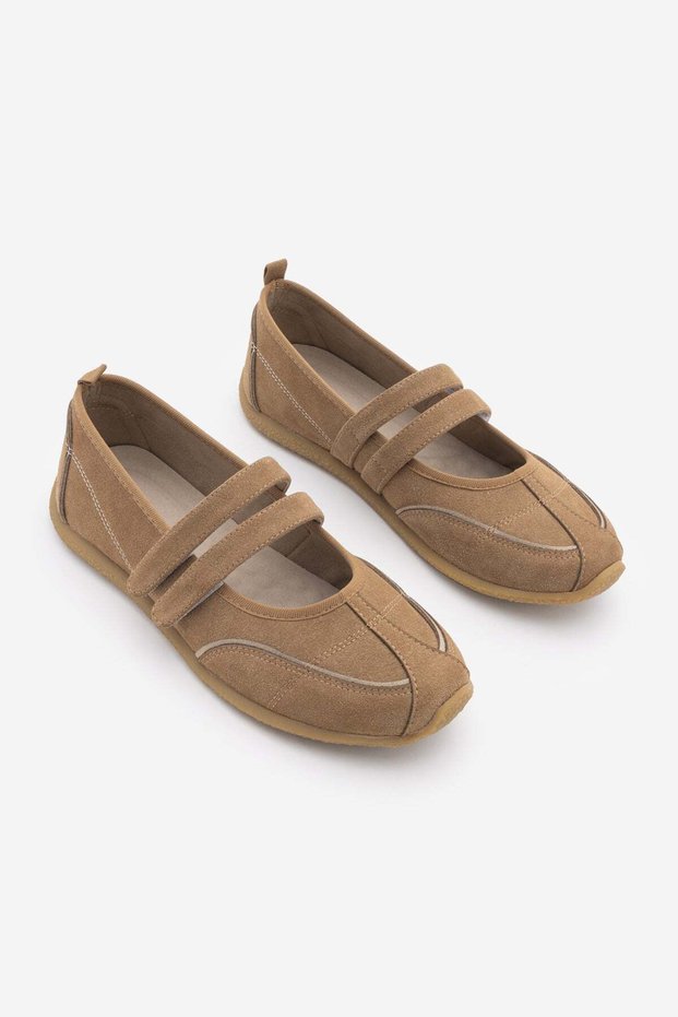 Women's Double Strap Stitching Detailed Round Toe Mary Jane Casual Sports Ballerina Sneaker Meliro Camel Suede