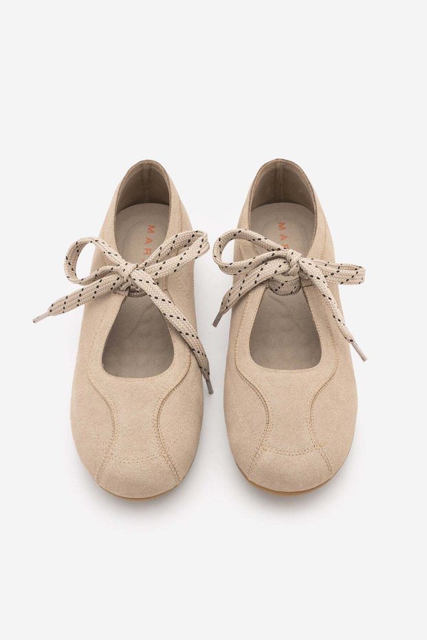 Women's Suede Textured Lace-Up Detailed Round Toe Mary Jane Sports Ballerina Sneaker Palivoy Beige Suede