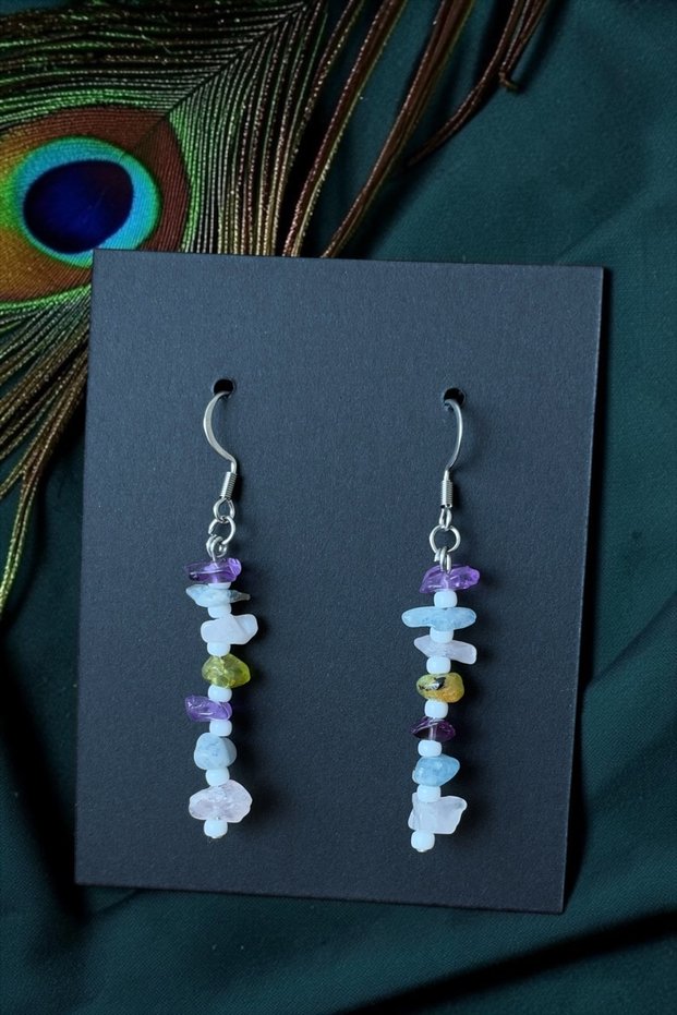 Natural Stone Colored Steel Earrings (Luck-Peace-Love)