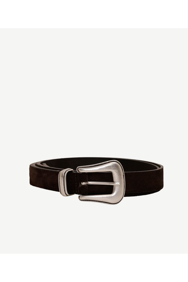 Patterned Leather Belt with Metal Buckle Detail