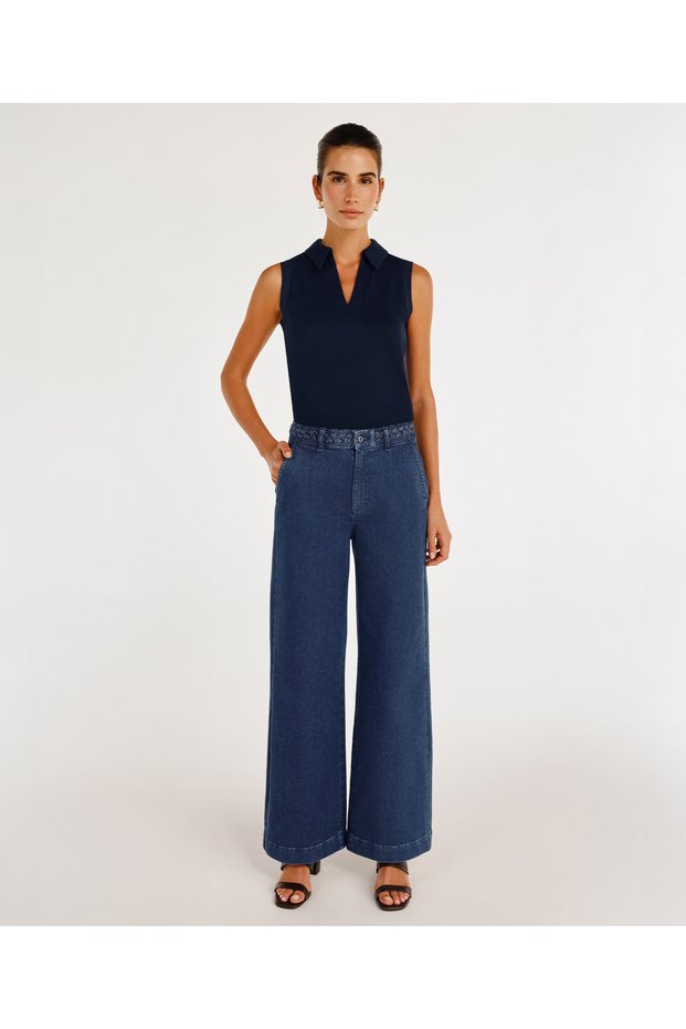 High Waist Wide Leg Denim Trousers with Braided Belt Detail
