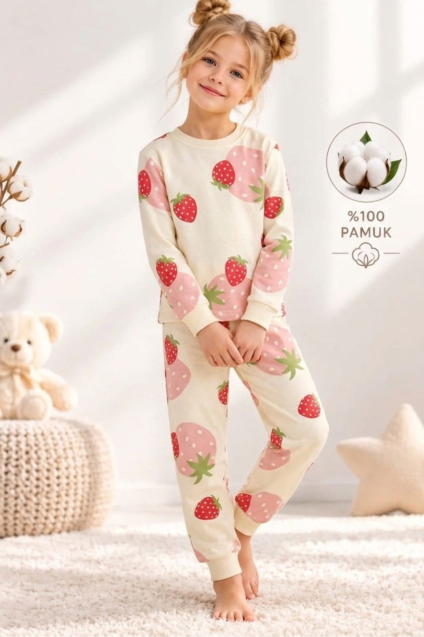 Girls' 100% Cotton Strawberry Patterned Pajama Set