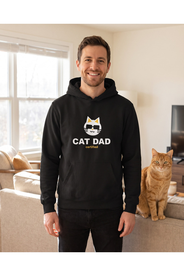 Kedi Babası Baskılı Kapüşonlu Sweatshirt, Kedili Komik Unisex Hoodie