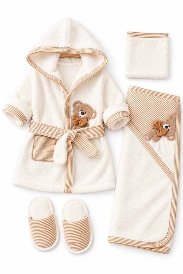 Hooded Teddy Bear Baby Bathrobe Set – 4-Piece Boxed Set, Includes Towel, Slippers, and Washcloth, Soft Texture.