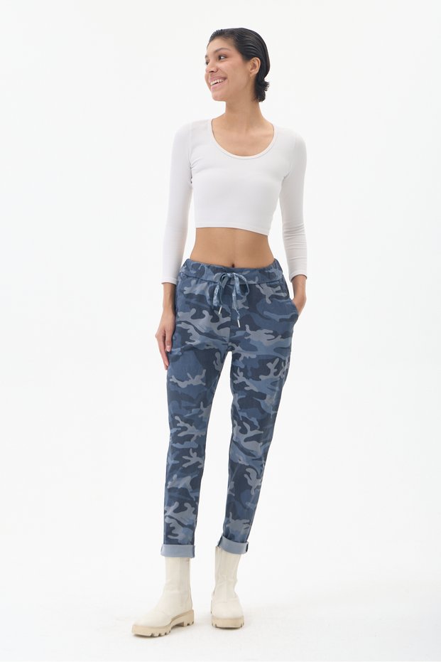 Women's Blue Italian Camouflage Print Stretch Fabric Pants, Sizes 38–46