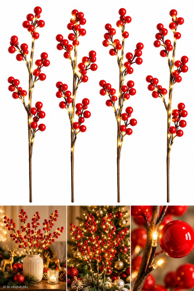 Led Fairy Daylight + 4 Pieces 70 cm Large Size Handmade Uğur Kokina Red Berry Christmas Ornament