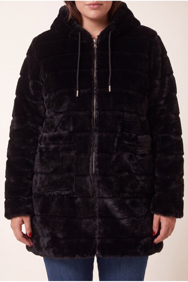 Large Size Long Black Plush Cardigan with Pocket Detail