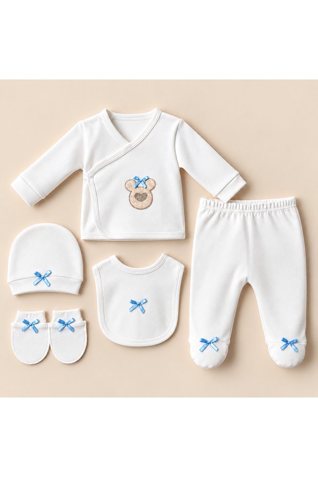 100% Cotton, with bow detail, stone-printed, 5-Piece Newborn Baby Hospital Discharge Set for Boys