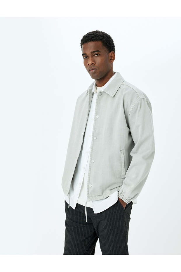 Cotton Denim Jacket with Snap Button Pocket Detail