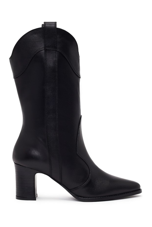 Women's Black Thick Heeled Leather Cowboy Boots Wf160010Dv