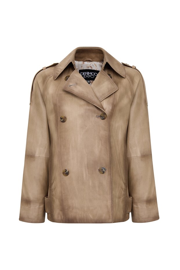 Estel Women Beige Double-Breasted Collar Oversized Leather Jacket 25Sge5626Nc