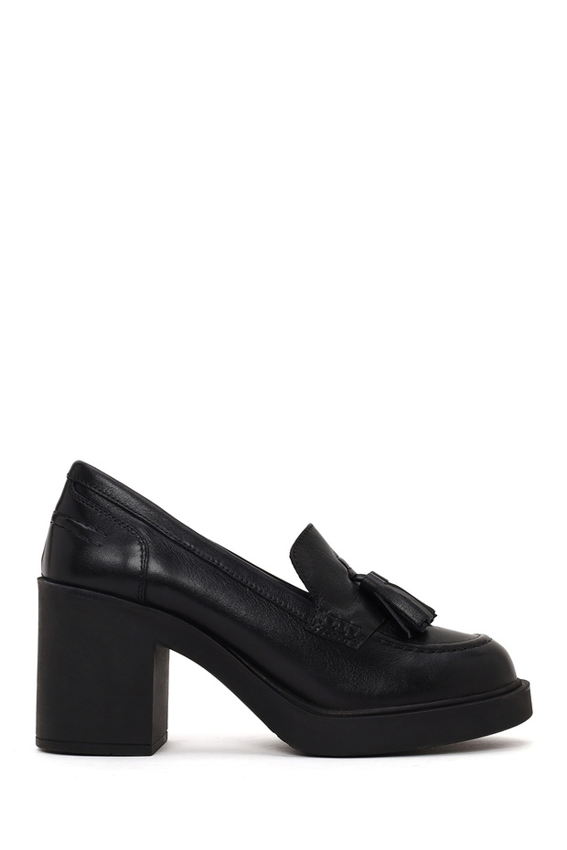 Women's Black Thick Heeled Tasseled Leather Loafer Af450018Dv