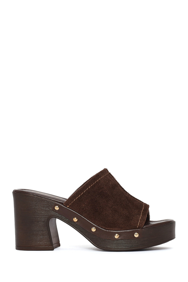 Women's Brown Thick Heeled Suede Leather Slippers 26Sfd240110