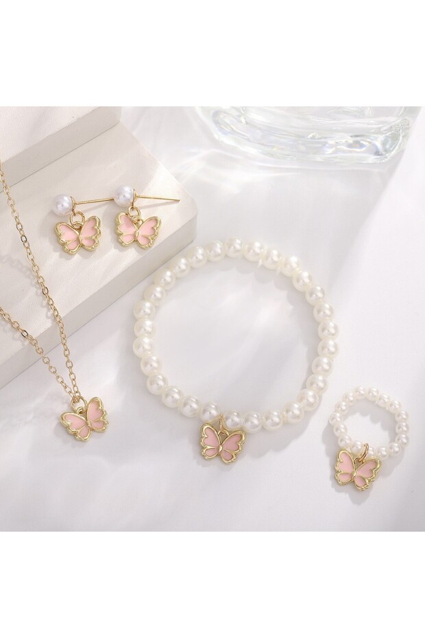 Pink 4 Set Butterfly Ring Pendant Necklace Bracelet Earrings Set for Women Girls Simulated Pearl Gol