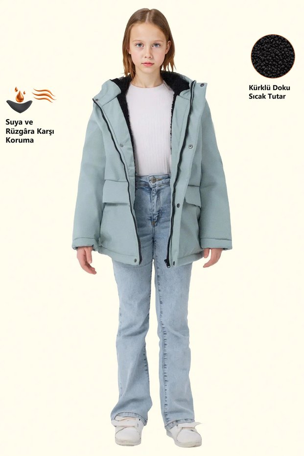 Girl's Mint Green Fur Water and Windproof Hooded 3 Winter Coats & Parkas