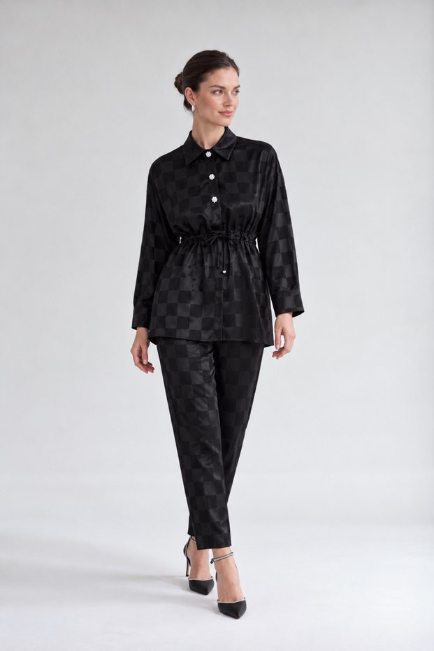 Jacquard Pattern Blazer and Pants Set, Black